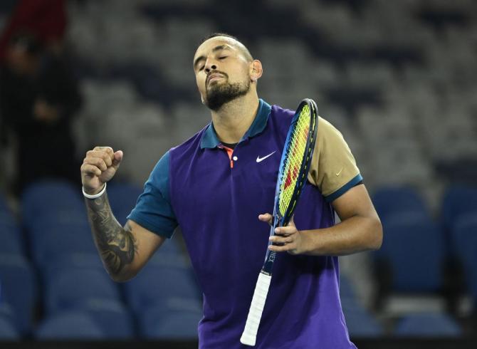 Australia's Nick Kyrgios celebrates winning his first round match against Portugal's Frederico Ferreira Silva on Monday