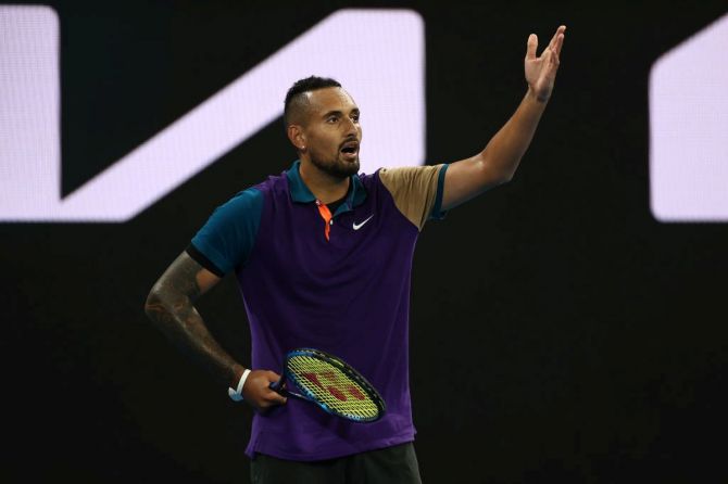  Nick Kyrgios reacts shows his frustration during his first round match against Frederico Ferreira Silva