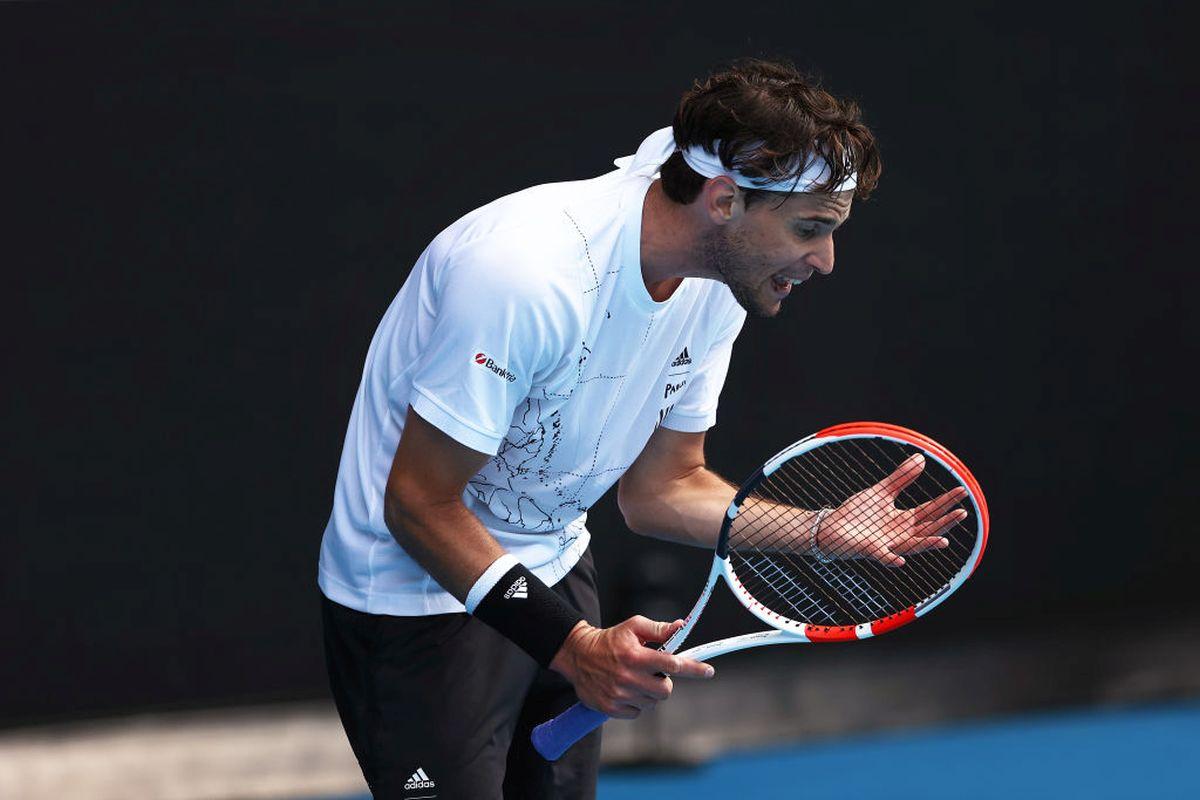 Austria's Dominic Thiem reacts during his first round match against Kazakhstan's Mikhail Kukushkin