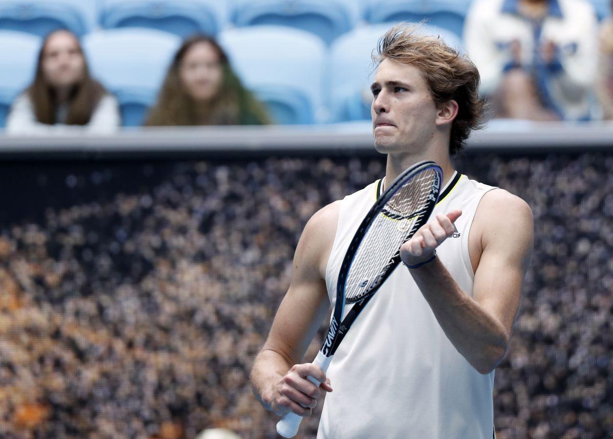 Germany's Alexander Zverev celebrates winning his first round match against American Marcos Giron.