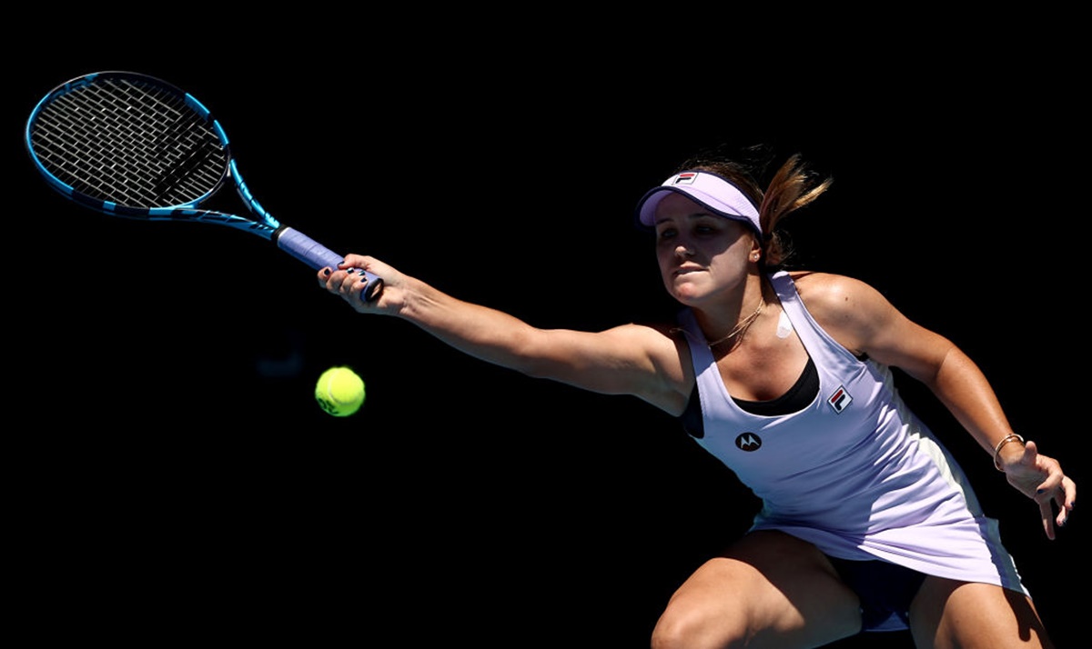 Sofia Kenin of the United States plays a forehand in her first round match against Australia's Maddison Inglis