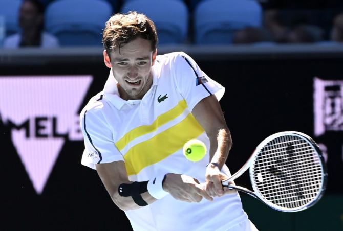 Russia's Daniil Medvedev in action during his first round match against Canada's Vasek Pospisil 