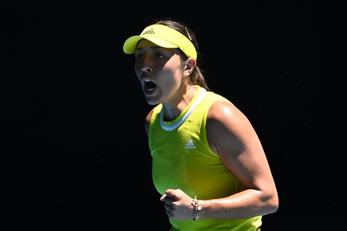 Jessica Pegula celebrates winning a point during her women's singles first round match against Belarus's Victoria Azarenka