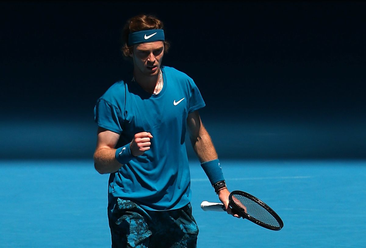 Russia's Andrey Rublev celebrates after winning his first round match against Germany's Yannick Hanfmann