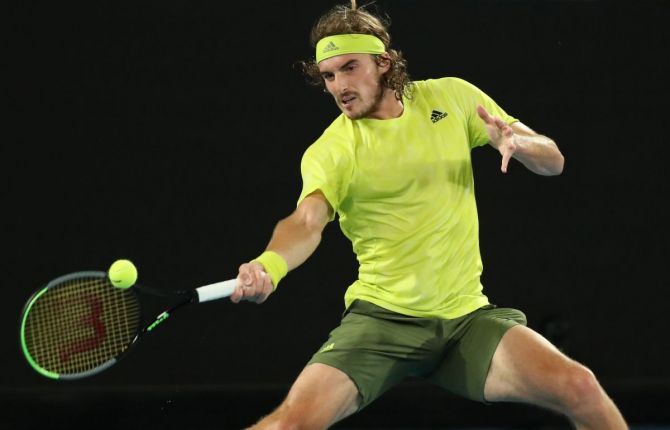 Greece's Stefanos Tsitsipas in action during his first round match against France's Gilles Simon