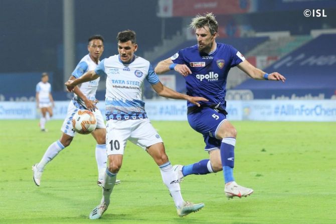 Action from the match between Jamshedpur FC and Chennaiyin FC in Bambolim on Wednesday