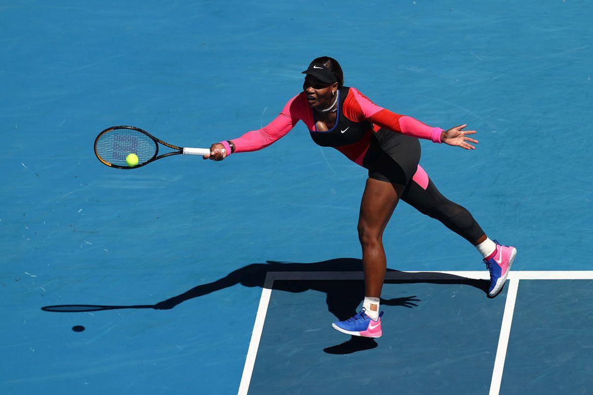 The USA's Serena Williams plays a forehand return during her third round match against Russia's Anastasia Potapova at the Australian Open on Friday