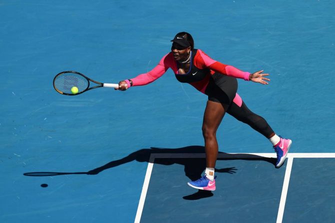 The USA's Serena Williams plays a forehand return during her third round match against Russia's Anastasia Potapova at the Australian Open on Friday