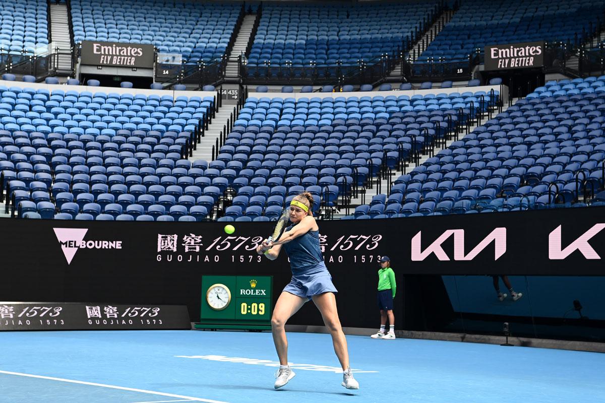 Karolina Muchova plays a backhand during her third round match against Karolina Pliskova.