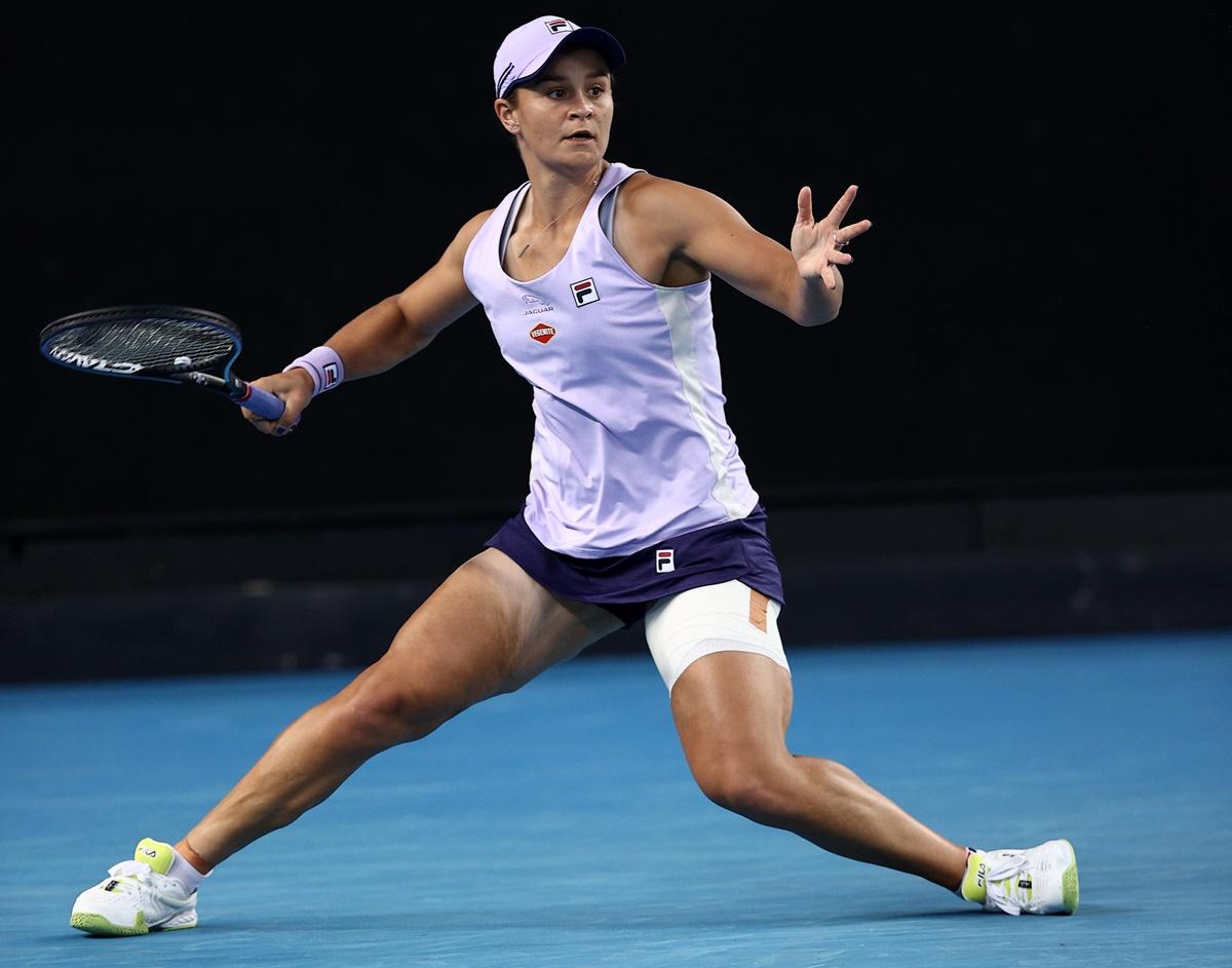 Australia's Ashleigh Barty plays a forehand during her third round match against Russia's Ekaterina Alexandrova