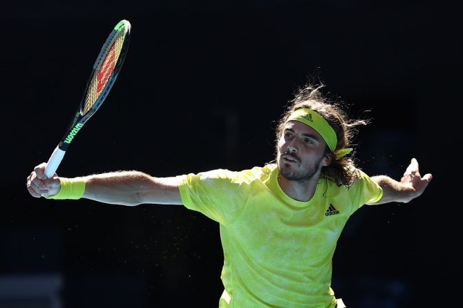 Greece's Stefanos Tsitsipas plays a backhand during his men's singles third round match against Sweden's Mikael Ymer