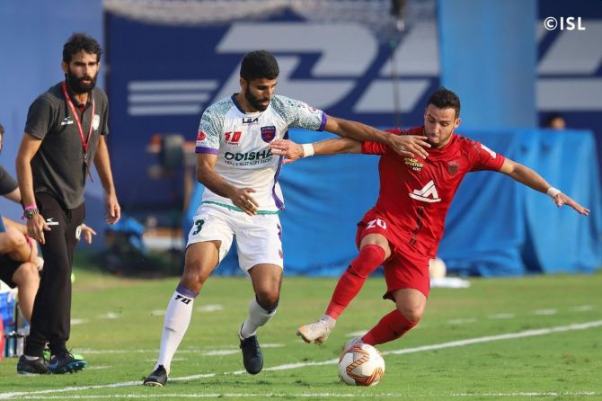 Action from the Indian Super League match played between NorthEast United FC and Odisha FC in Vasco on Sunday