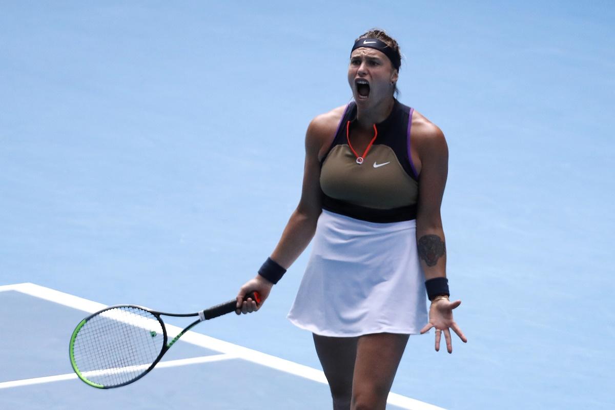 Belarus's Aryna Sabalenka reacts during her fourth round match against Serena Williams. 