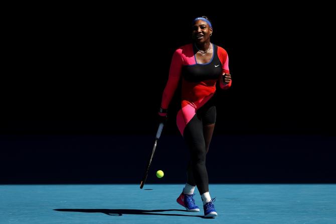 Serena Williams celebrates victory over Aryna Sabalenka of Belarus at the Australian Open on Sunday.