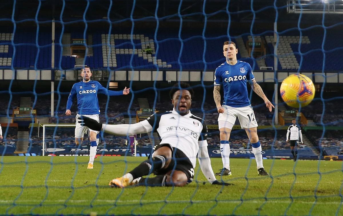 Josh Maja scores Fulham's first goal against Everton at Goodison Park, Liverpool.