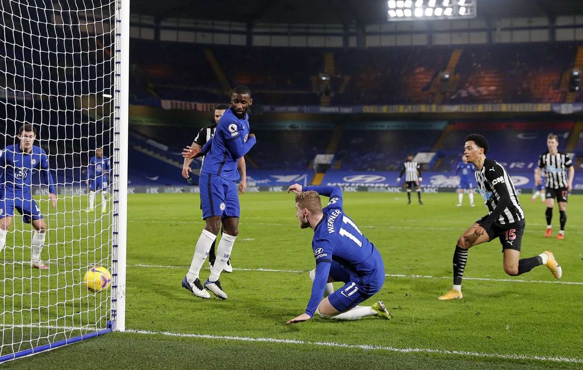 Timo Werner scores Chelsea's second goal during the Premier League match against Newcastle United