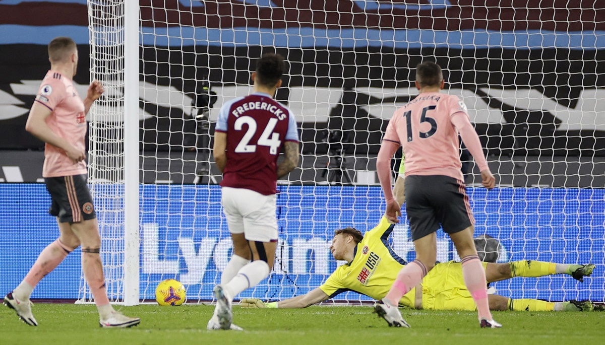 Ryan Fredericks scores West Ham United's third goal.