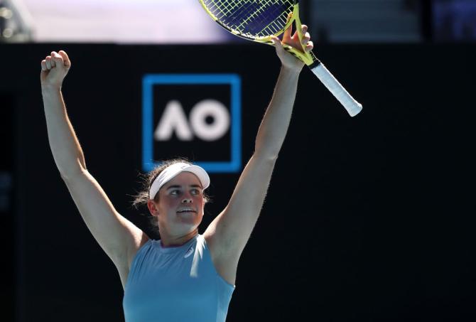 USA's Jennifer Brady celebrates after defeating compatriot Jessica Pegula in quarter-final 