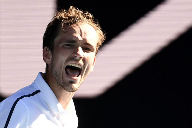 Russia's Daniil Medvedev reacts during his quarter-final against Russia's Andrey Rublev