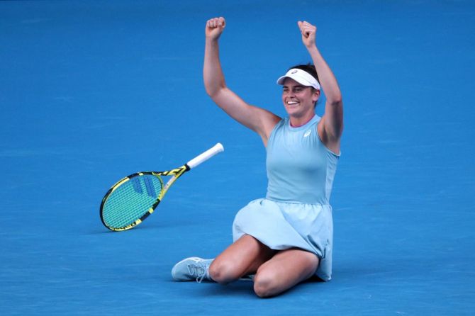 America's Jennifer Brady celebrates on winning her semi-final match against Czech Republic's Karolina Muchova at the Australian Open on Thursday 