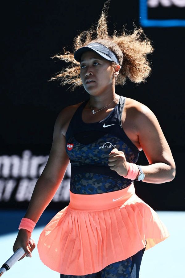 Japan's Naomi Osaka celebrates her semi-finals victory over against American Serena Williams at the 2021 Australian Open at Melbourne Park in Melbourne on Thursday.