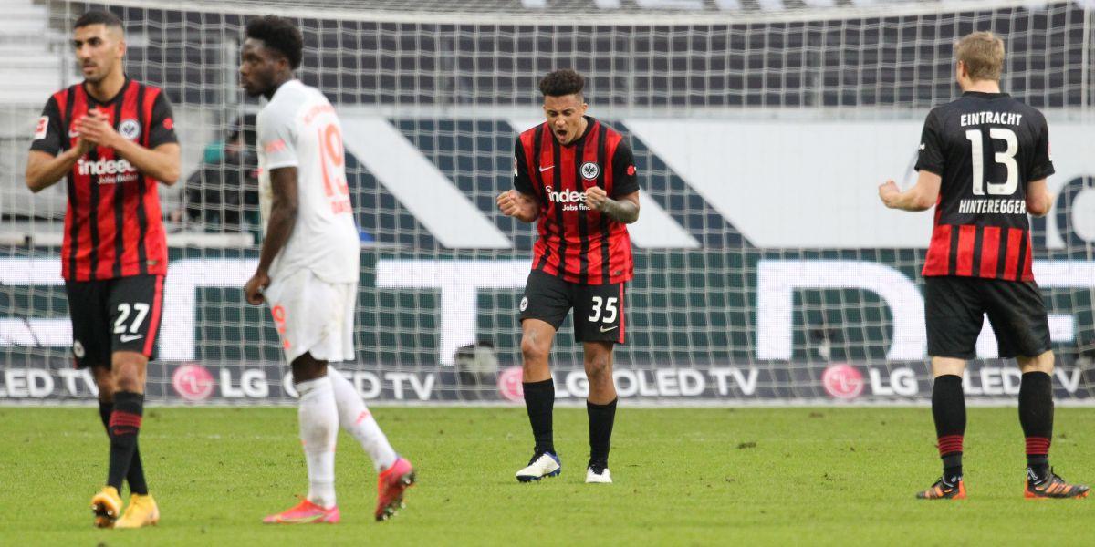 Eintracht Frankfurt's Tuta celebrates after the match against Bayern Munich at Deutsche Bank Park, Frankfurt, on Saturday