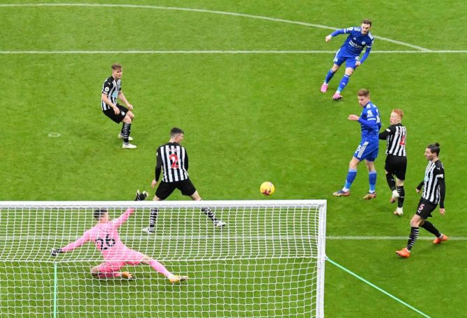 Leicester City's James Maddison scores their first goal past Newcastle United's Karl Darlow during their Premier League match at St. James's Park in Newcastle upon Tyne on Sunday