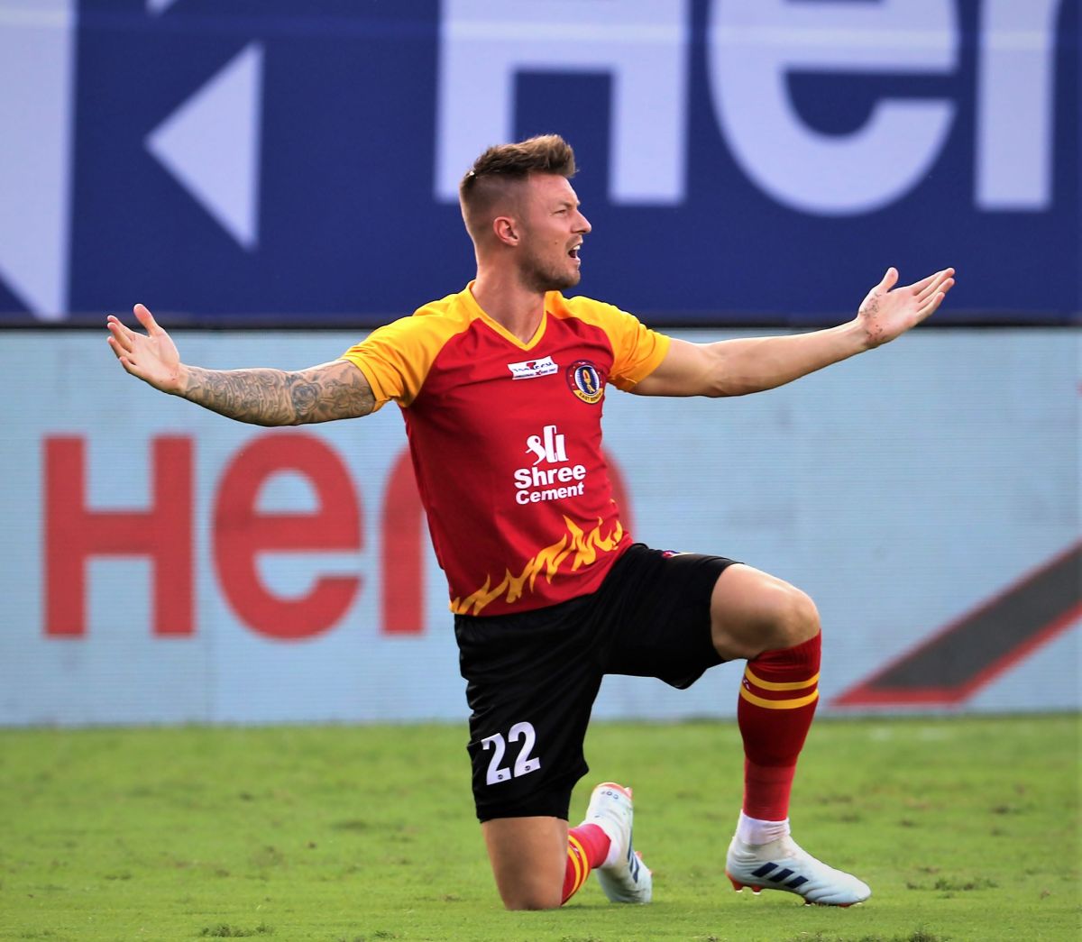 SC East Bengal's Anthony Pilkington celebrates on scoring the opening goal against Odisha FC on Sunday