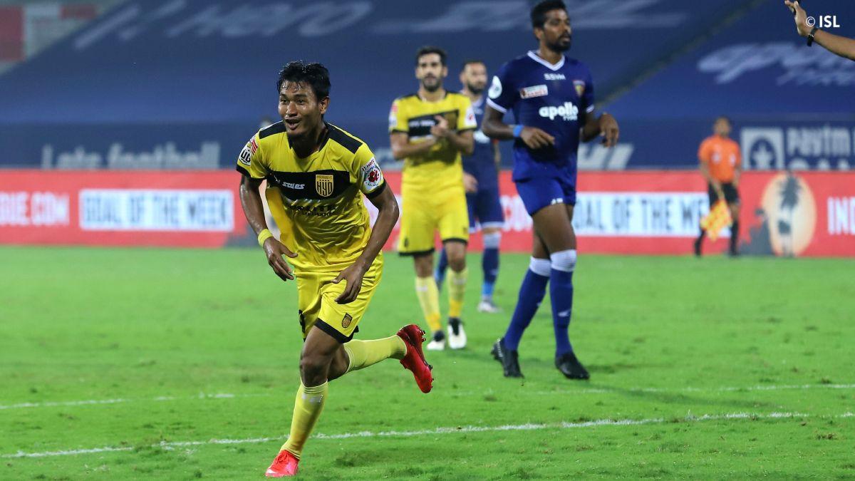 Hyderabad FC's Halicharan Narzary celebrates on scoring his 2nd goal against Chennaiyin FC on Tuesday.