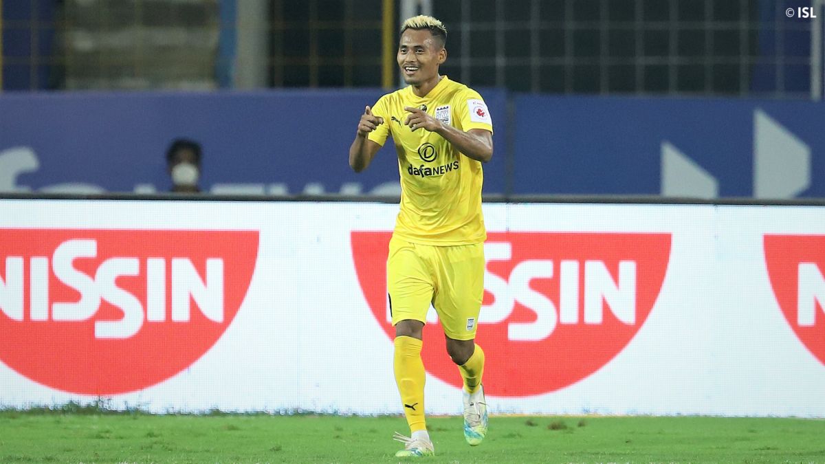 Mumbai City FC's Bipin Singh celebrates on scoring the second goal against Bengaluru FC on Tuesday