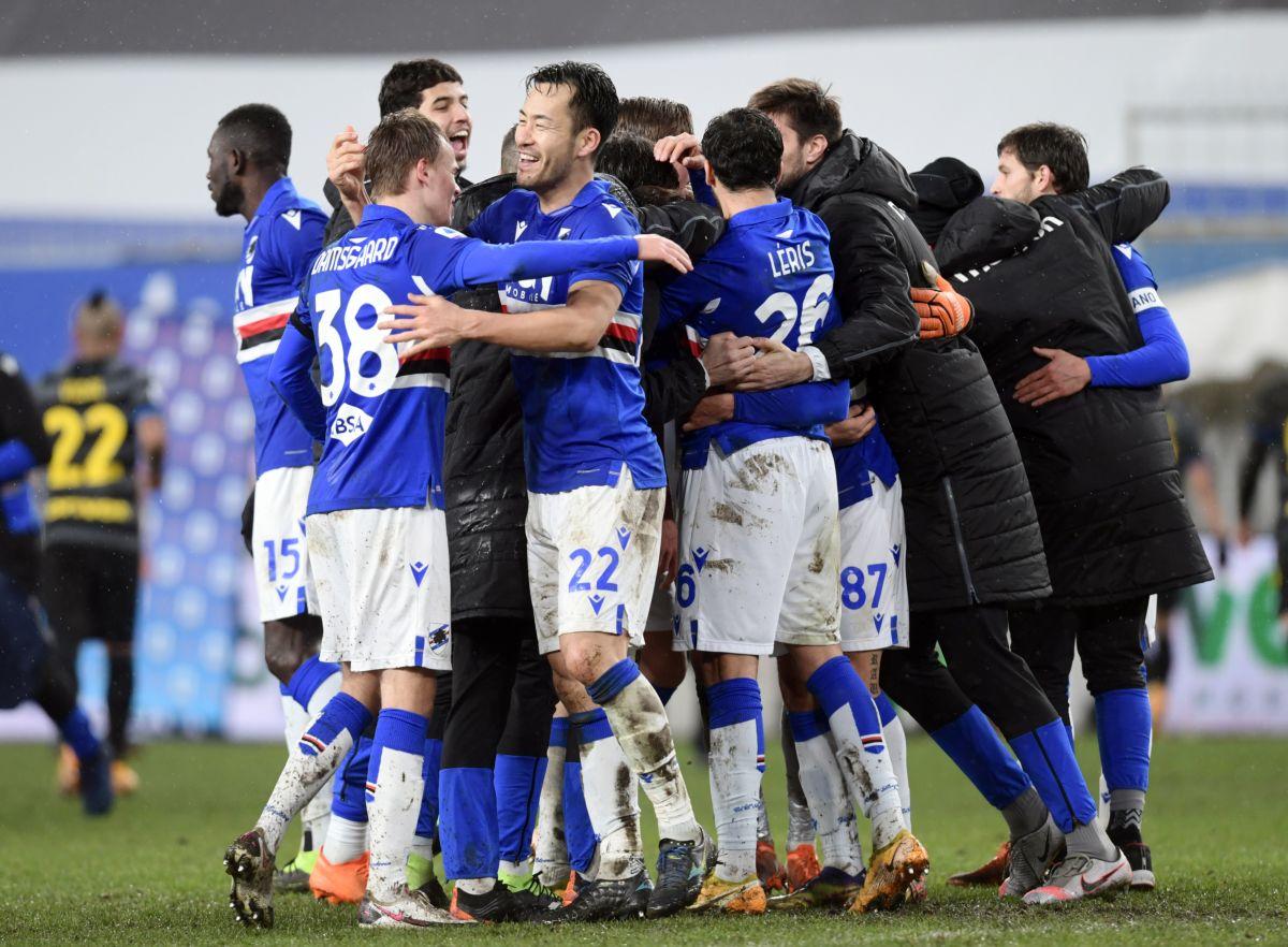 Sampdoria players celebrate their win over Inter Milan at Stadio Comunale Luigi Ferraris in Genoa on Wednesday 