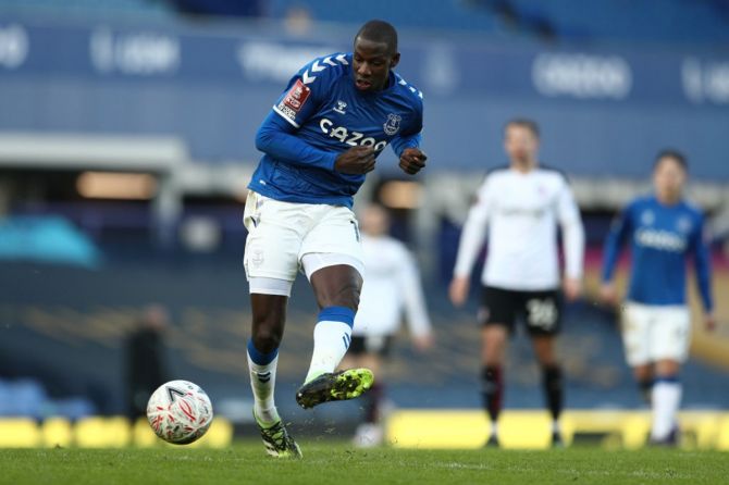 Abdoulaye Doucoure scores Everton's second goal during the FA Cup third round match against Rotherham United, at Goodison Park, on Saturday.