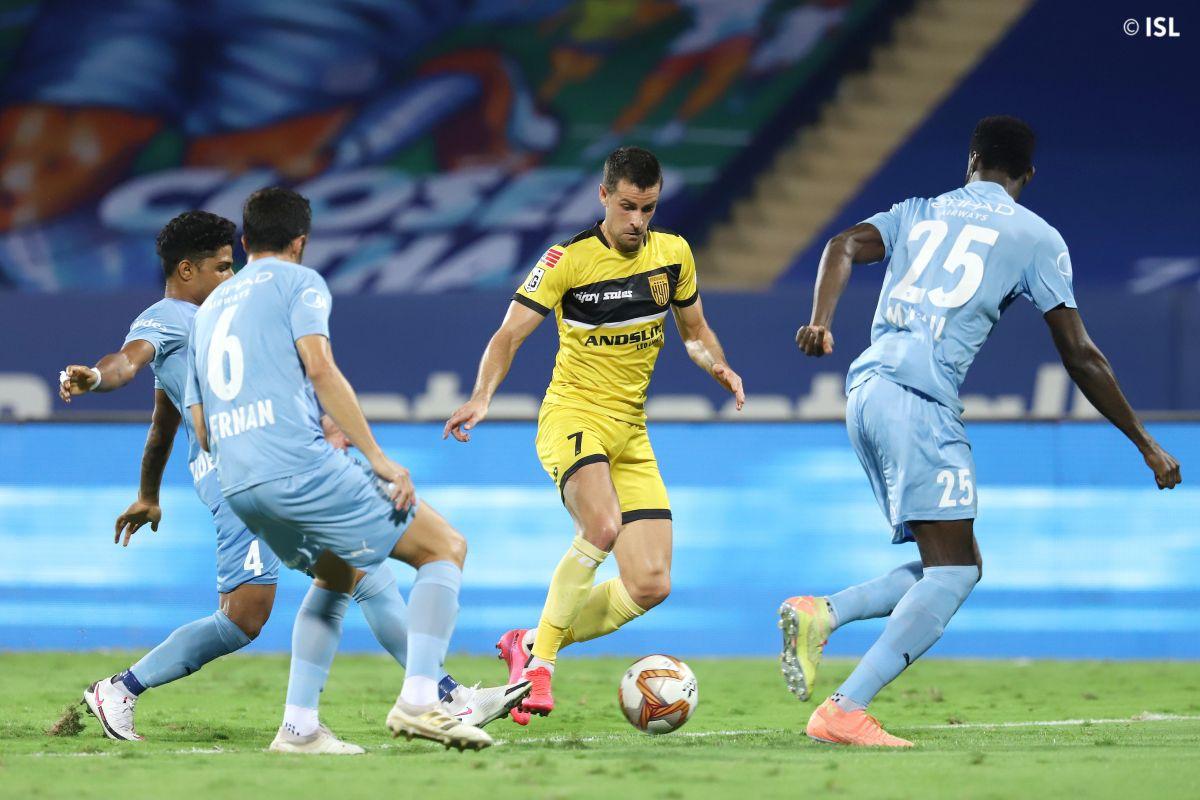 Action from the match between Hyderabad FC and Mumbai City FC in Bambolim, Goa, on Saturday