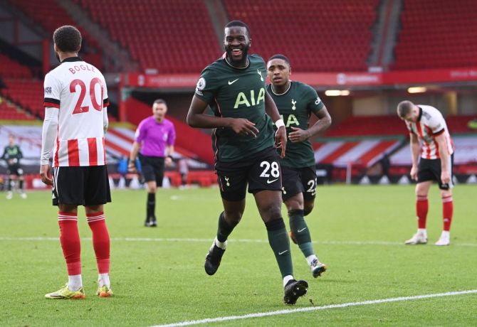 Tottenham Hotspur's Tanguy Ndombele celebrates scoring their third goal against Sheffield United at  Bramall Lane, Sheffield, on Sunday 