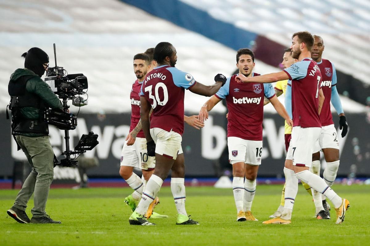 Michail Antonio, Pablo Fornals and Andriy Yarmolenko celebrate West Ham United's victory over Burnley.