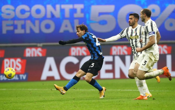 Nicolo Barella scores Inter Milan's second goal during the Serie A match against Juventus