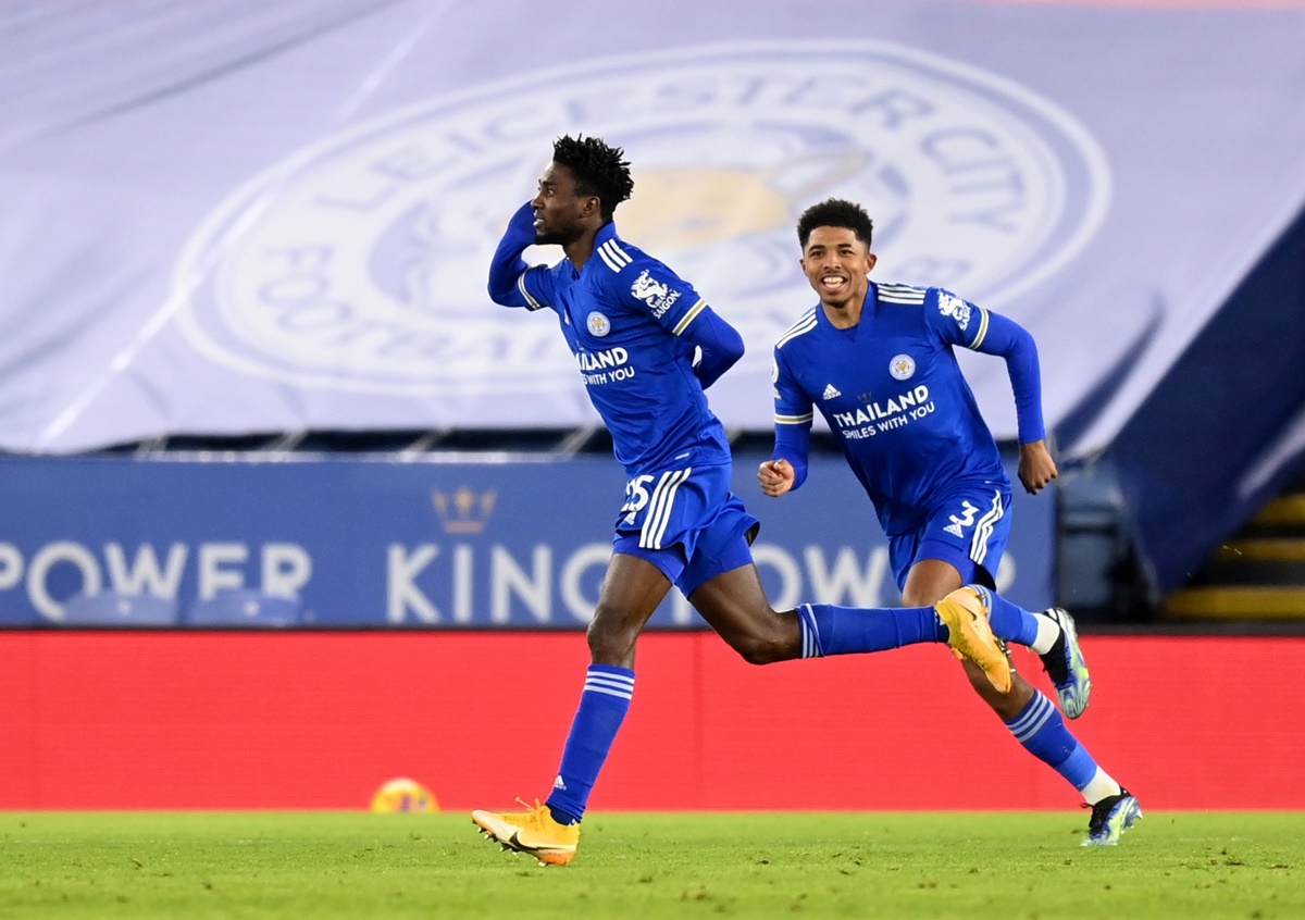 Wilfred Ndidi celebrates scoring Leicester City's first goal against Chelsea, at the King Power Stadium, in Leicester. on Tuesday.