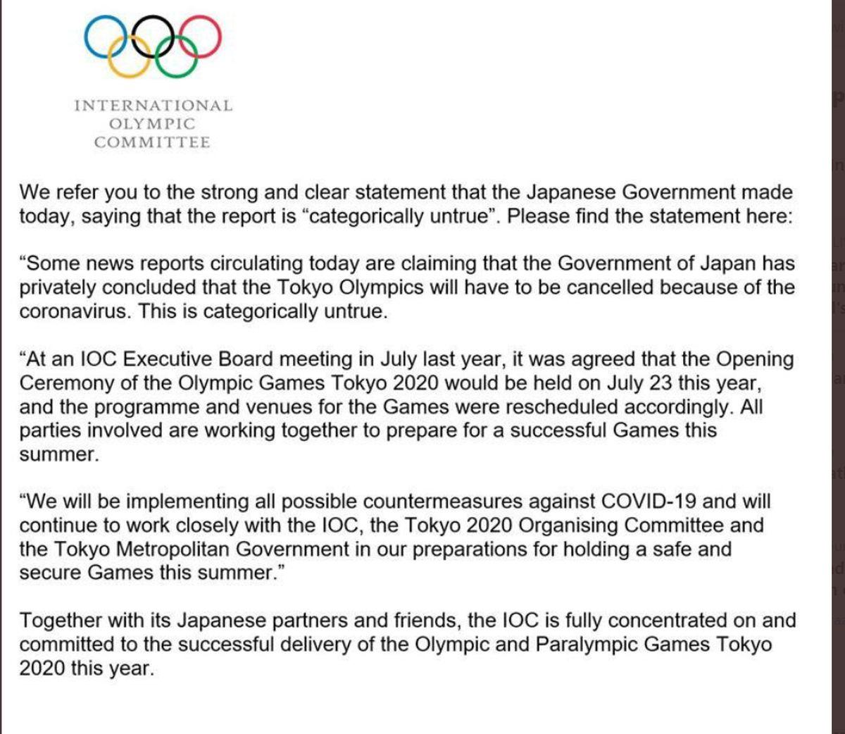 IOC tweeted this statement, on Friday, on media reports regarding Tokyo 2020. 