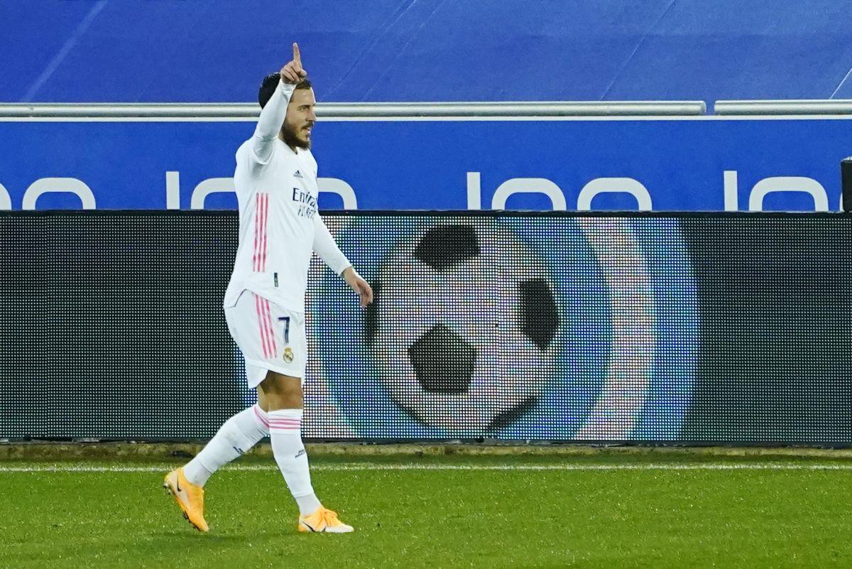 Real Madrid's Eden Hazard celebrates scoring their third goal against Deportivo Alaves at Estadio Mendizorroza, Vitoria-Gasteiz, Spain on Saturday