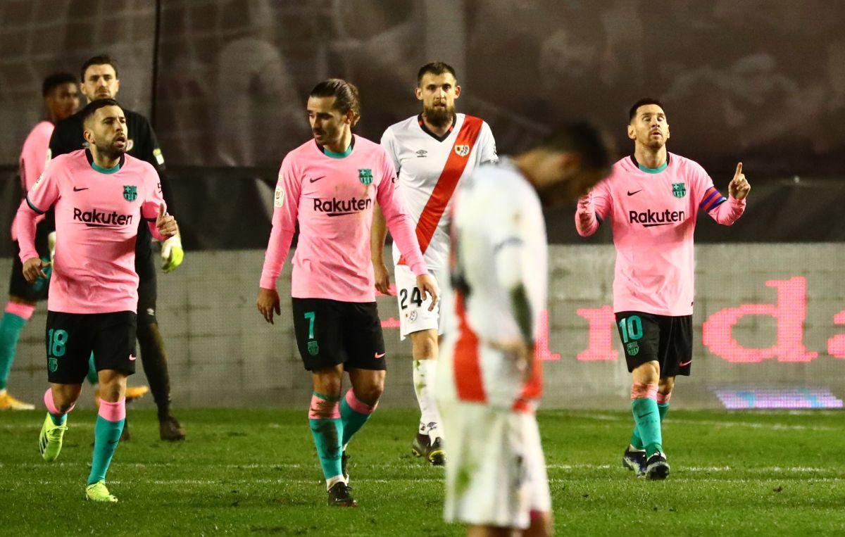 FC Barcelona's Lionel Messi celebrates scoring their first goal against Rayo Vallecano during their Copa del Rey match at Estadio de Vallecas, Madrid, on Wednesday