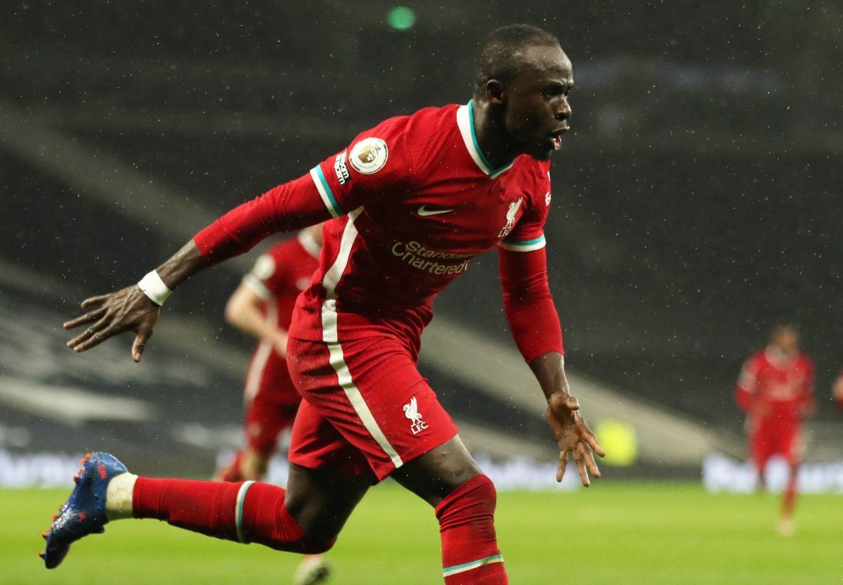 Liverpool's Sadio Mane celebrates scoring their third goal against Tottenham Hotspur at Tottenham Hotspur Stadium, London, on Thursday 