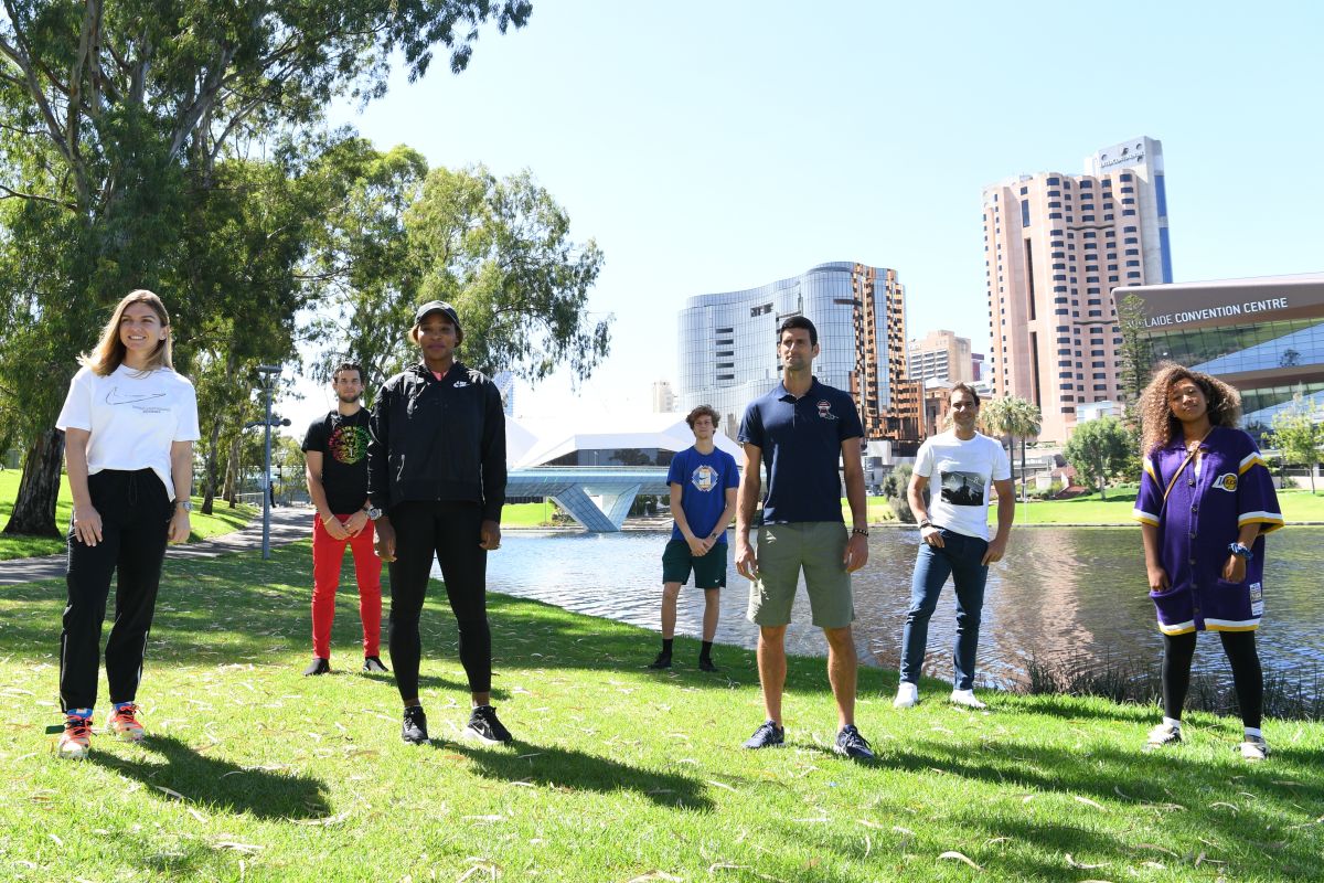 Tennis players Serena Williams, Novak Djokovic, Naomi Osaka, Simona Halep, Rafael Nadal, Dominic Thiem and Jannik Sinner at a press conference prior to A Day at the Drive exhibition at Memorial Drive Tennis Club, Adelaide, on Friday 