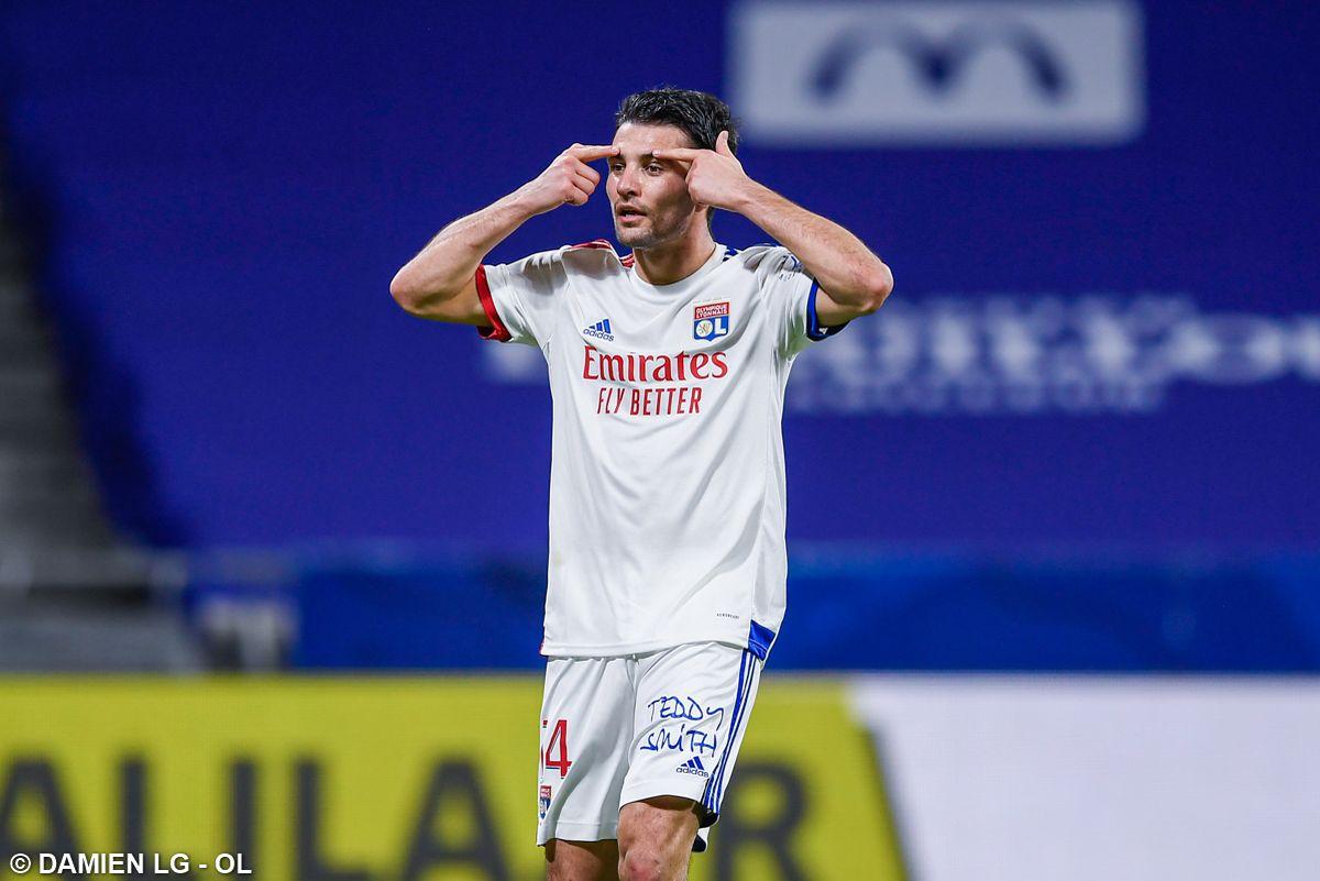 Lyon's Leo Dubois celebrates on netting the injury-time winner against Bordeaux in their Ligue 1 match on Friday