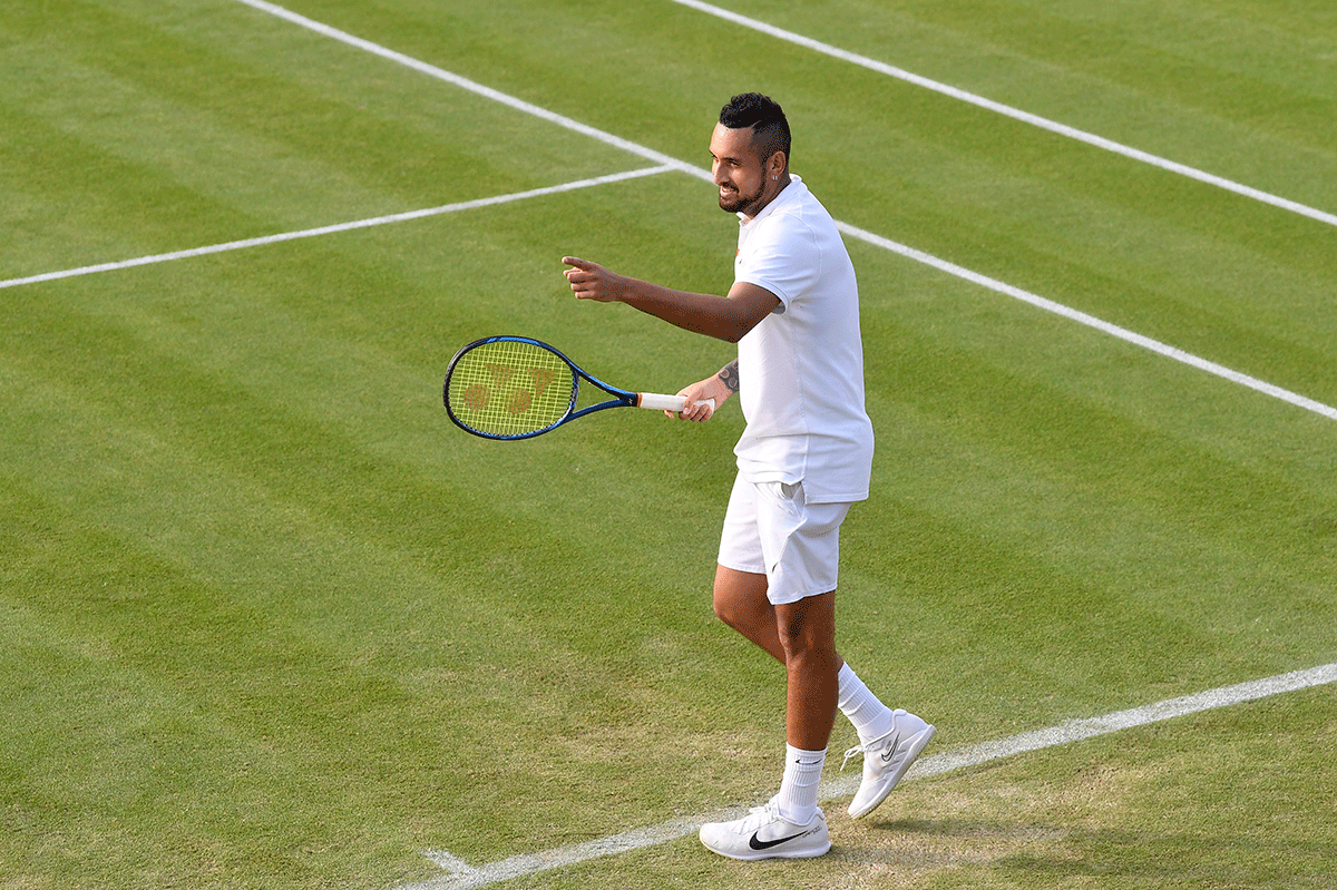 Australia's Nick Kyrgios celebrates winning his second round match against Italy's Gianluca Mager 