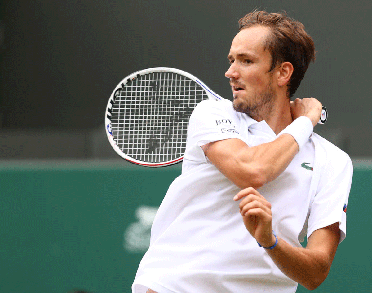 Russia's Daniil Medvedev plays a forehand during his men's singles second round match against Spain's Carlos Alcaraz