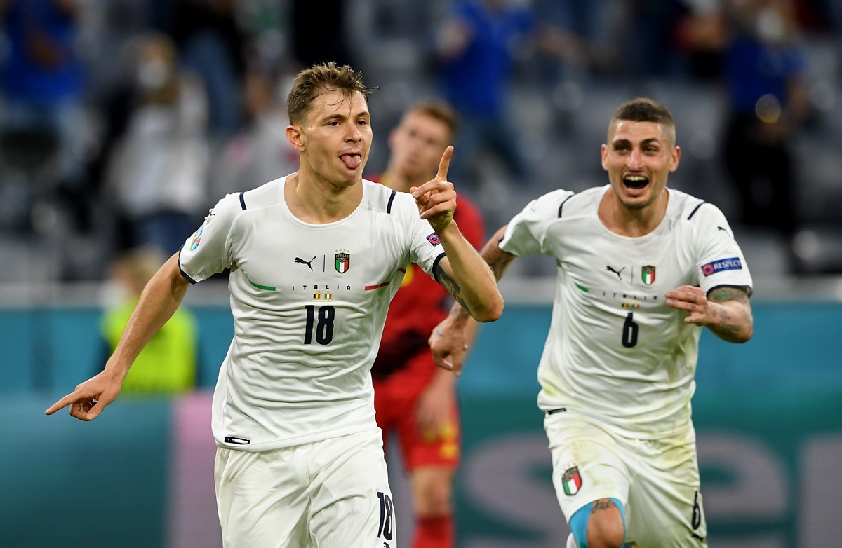 Nicolo Barella celebrates after putting Italy ahead. 