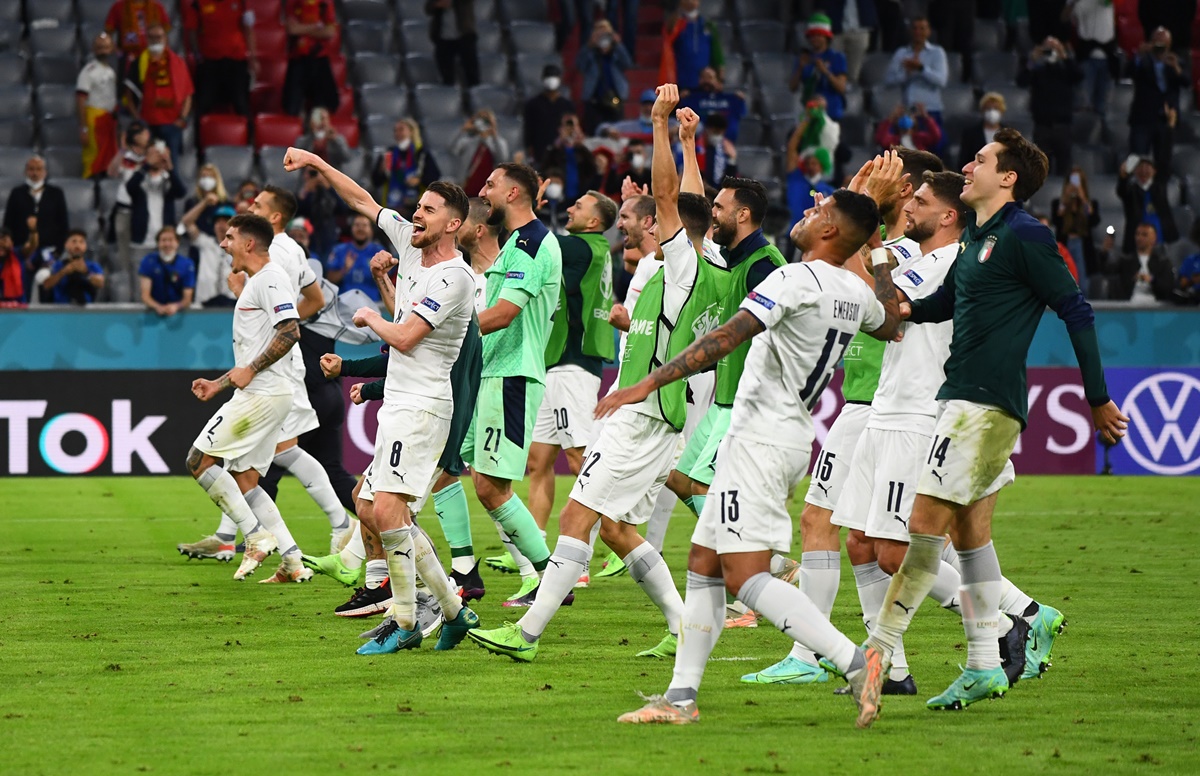 Italy's players celebrate victory over Belgium in the Euro 2020 quarter-final, at Football Arena Munich, on Friday.