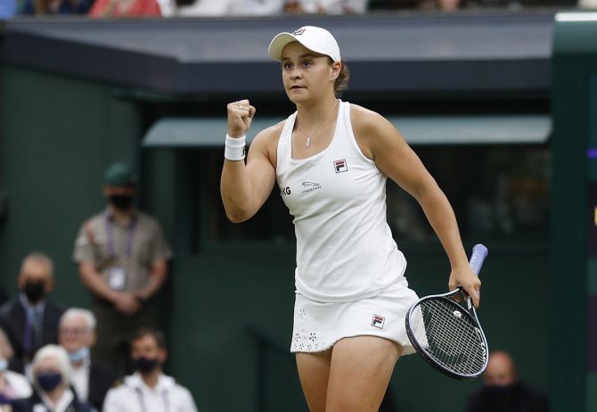 Australia's Ashleigh Barty reacts after victory over Ajla Tomljanovic in the quarter-finals.