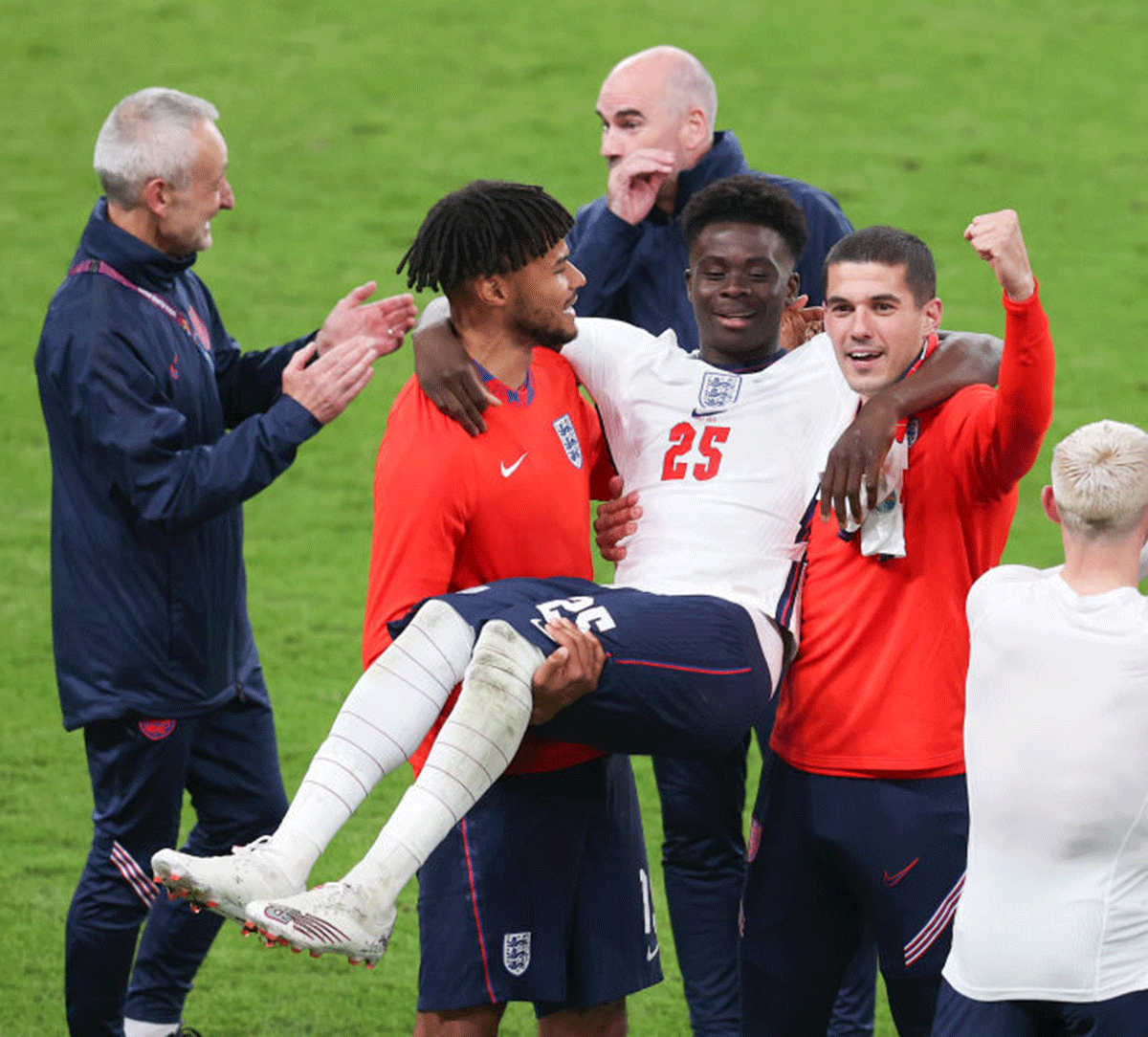 England's Bukayo Saka (centre) became Saka became the youngest player to start a match for England at the semi-final stage or later of a major tournament.