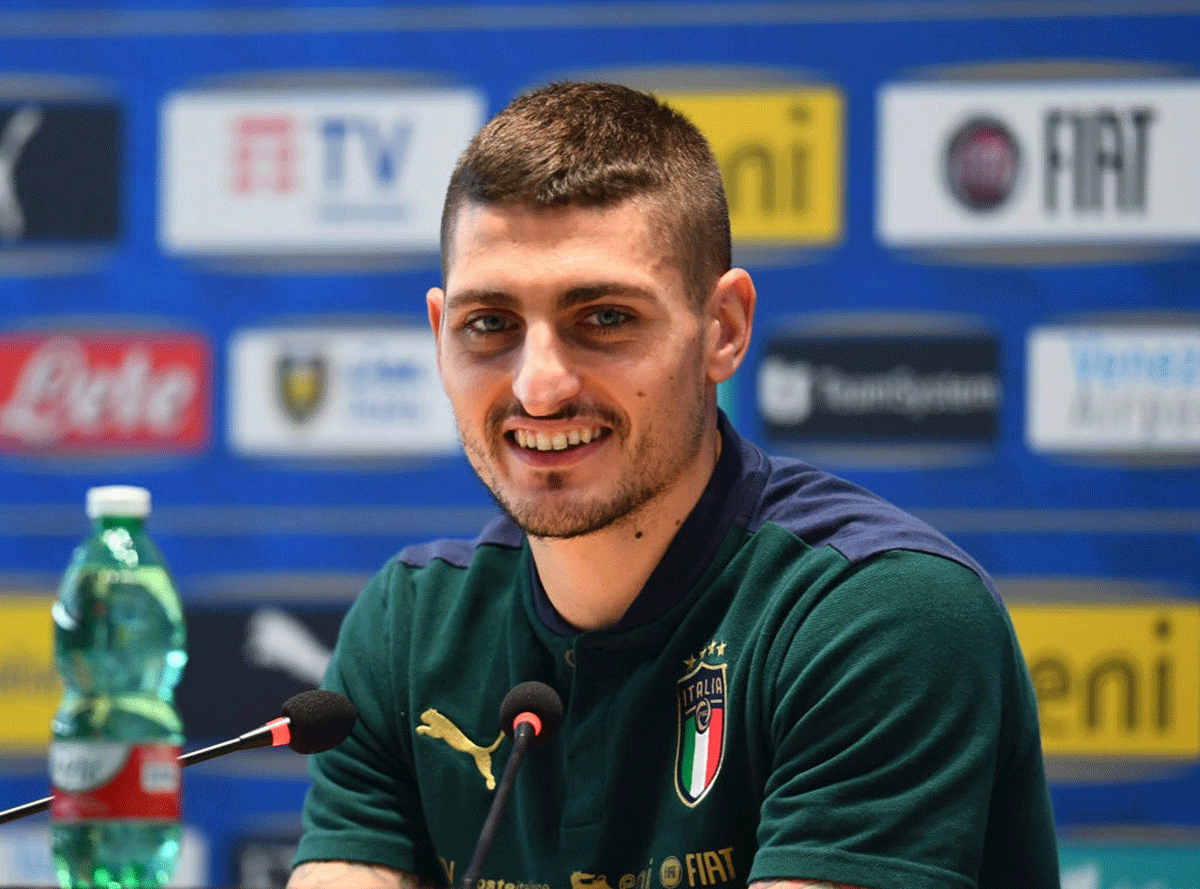 Italy's Marco Verratti speaks with the media during press conference at Centro Tecnico Federale di Coverciano in Florence, Italy, on Thursday